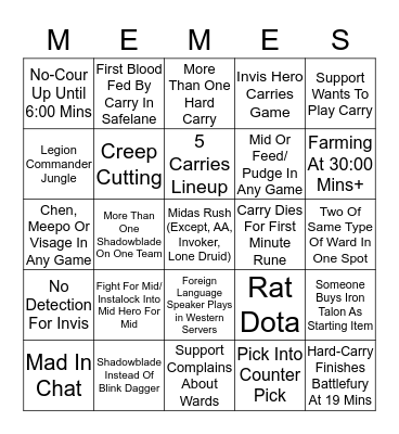 Dota 2 Bringo Bongo Bingo Card