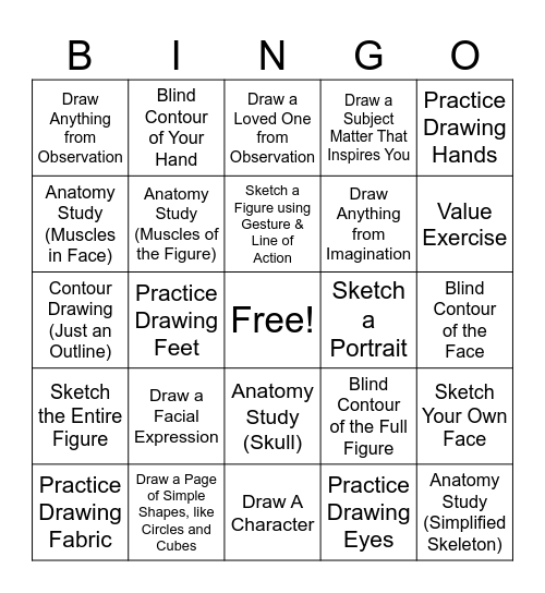 Figure Drawing - Sketching At Home Bingo Card
