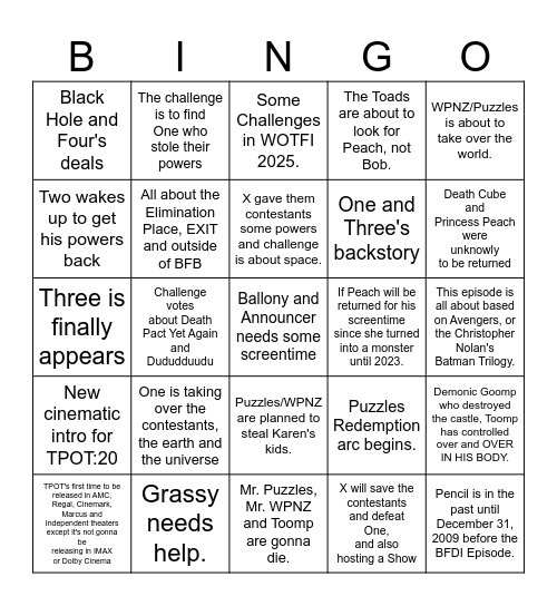 TPOT 20 plus WOTFI 2025 PREDICTION Bingo Card
