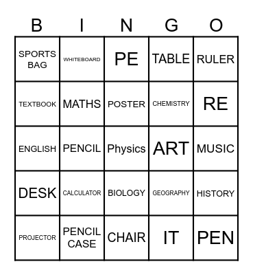 CLASSROOM OBJECTS AND SCHOOL SUBJECTS Bingo Card