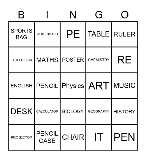 CLASSROOM OBJECTS AND SCHOOL SUBJECTS Bingo Card