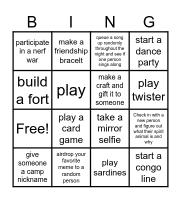 Camp Carley Bingo Card