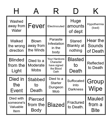 Hardcore Deathcause Bingo Card