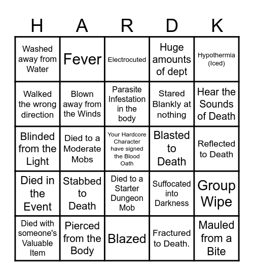 Hardcore Deathcause Bingo Card