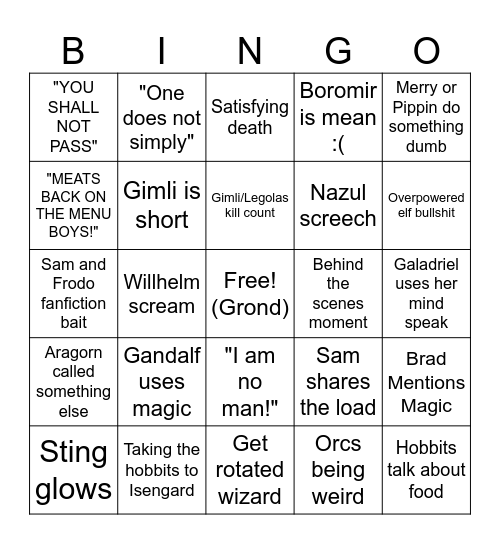 LOTR Watch party Bingo Card
