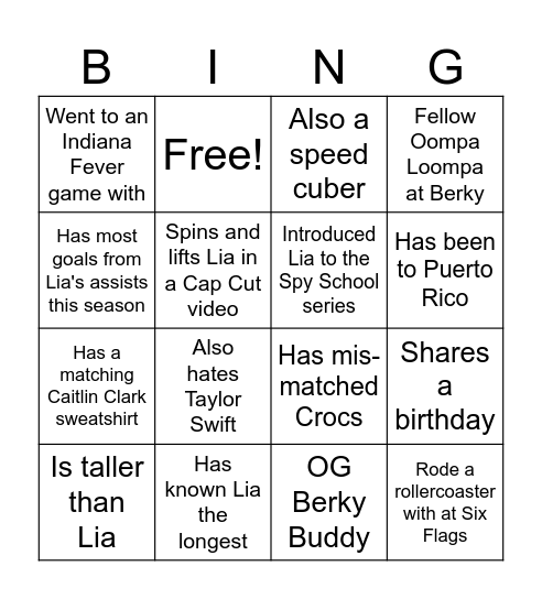 Friendship Bingo Card