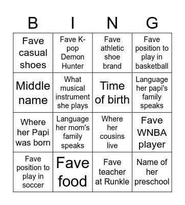 All About Lia BINGO Card