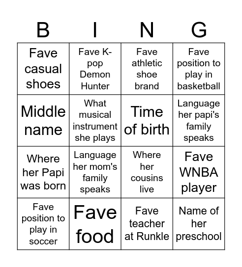 All About Lia BINGO Card