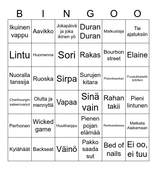 Biisi Bingo Card