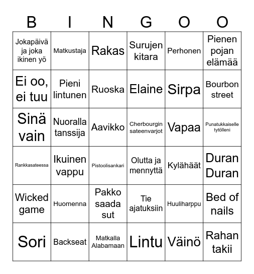 Biisi Bingo Card
