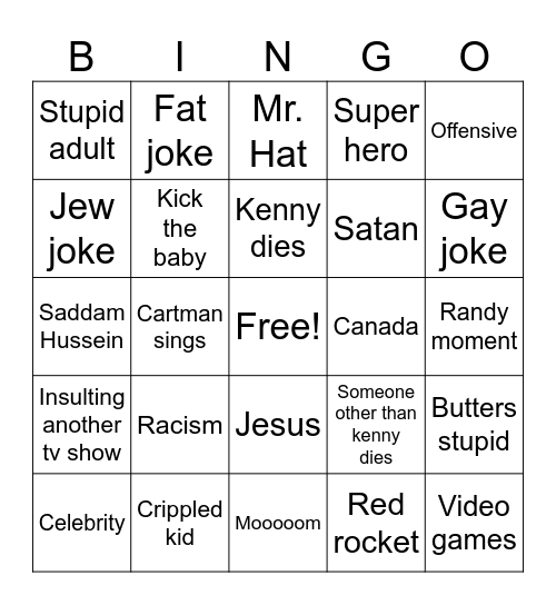 south park Bingo Card