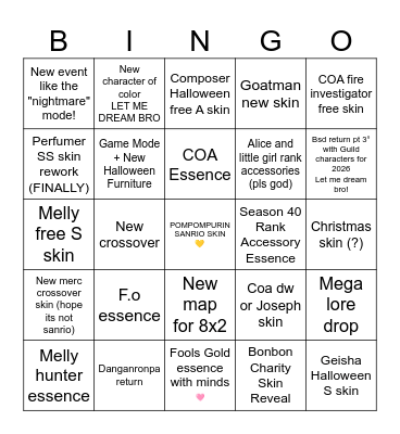 Identity V Live 17/10 Bingo Card