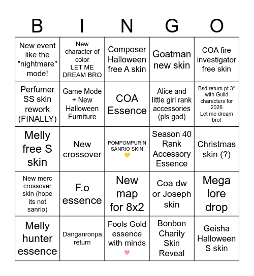 Identity V Live 17/10 Bingo Card