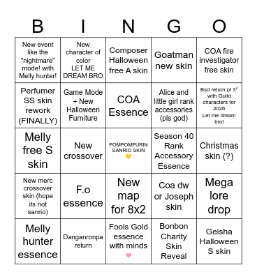 Identity V Live 17/10 Bingo Card