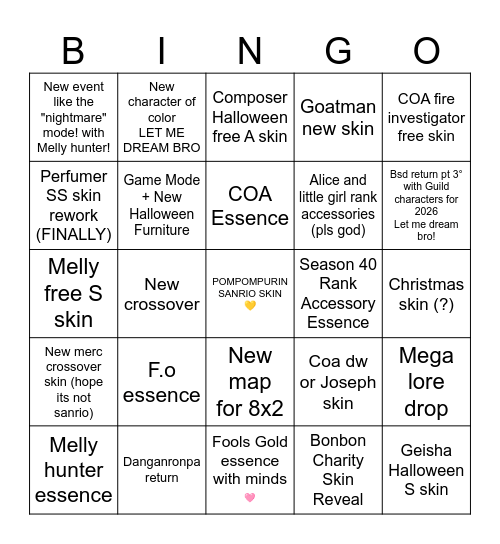 Identity V Live 17/10 Bingo Card