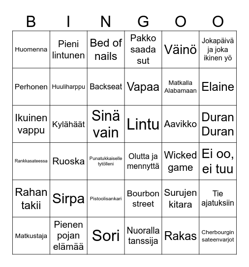 Biisi Bingo Card