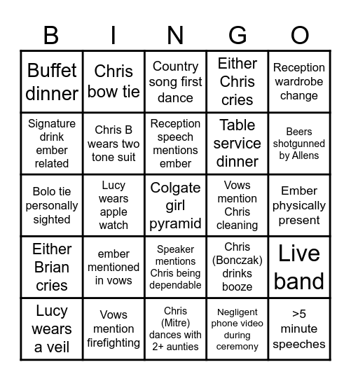 Lucy and Chris Bingo Card