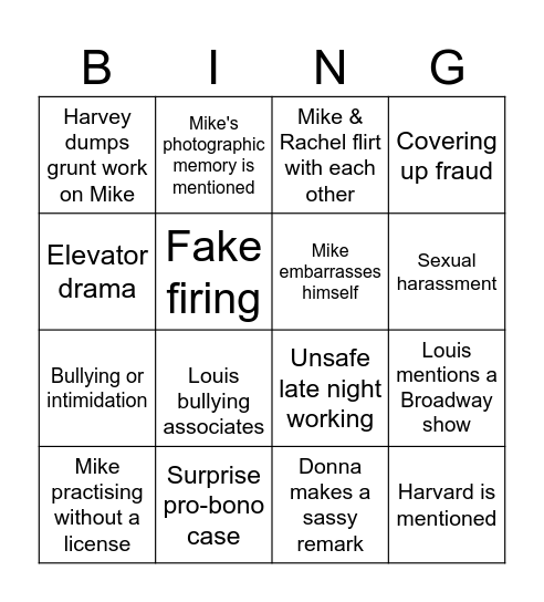 Suits Drinking Game Bingo Card