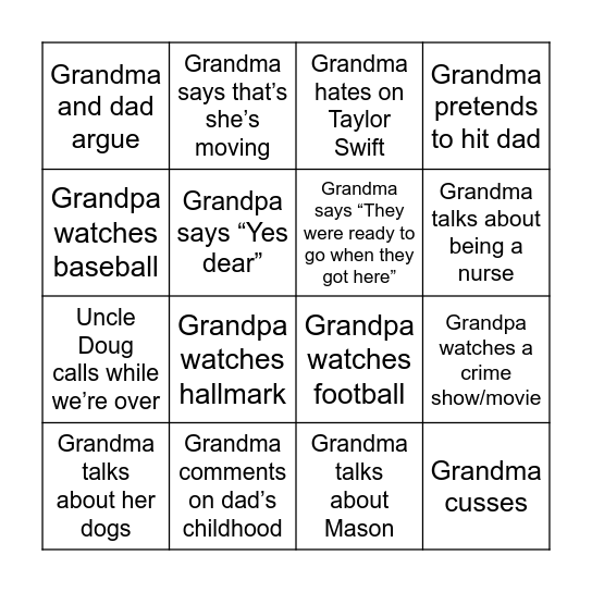 Grandma’s House Bingo Card