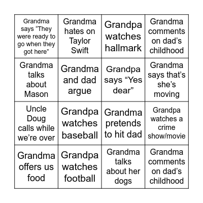 Grandma’s House Bingo Card