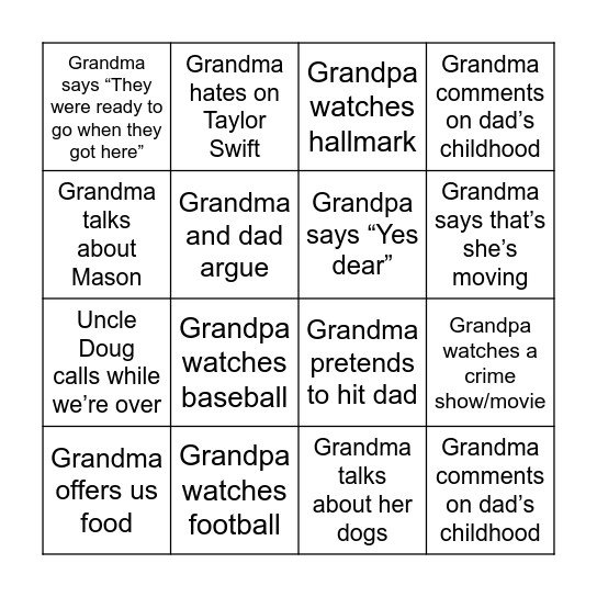 Grandma’s House Bingo Card