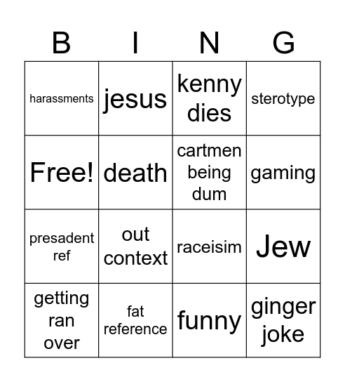south park Bingo Card