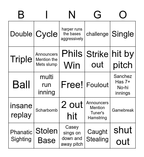 Phillies NLDS Bingo Game Bingo Card