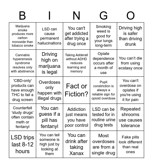 Drug Abuse Bingo Card