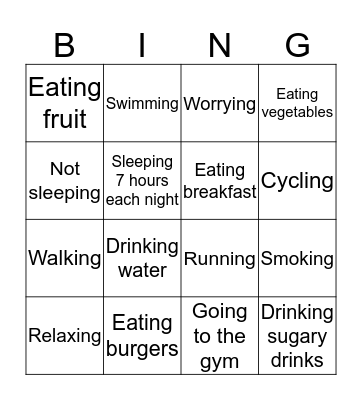 Healthy and Unhealthy Bingo Card