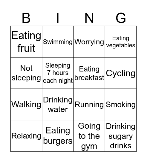 Healthy and Unhealthy Bingo Card