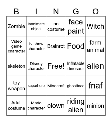 costume bingo Card