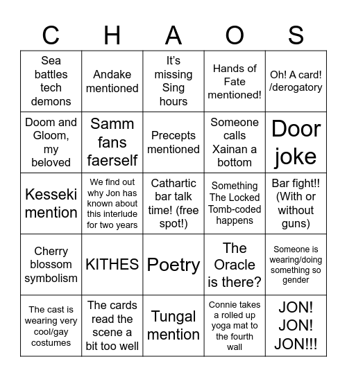 The Chaos Protocol A3 Interlude! Bingo Card