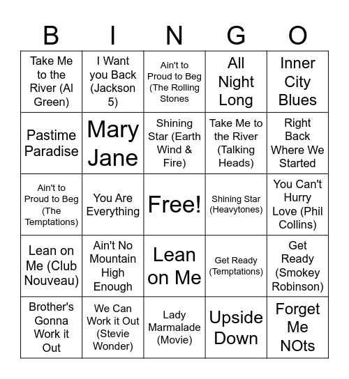Motown & Covers Bingo Card