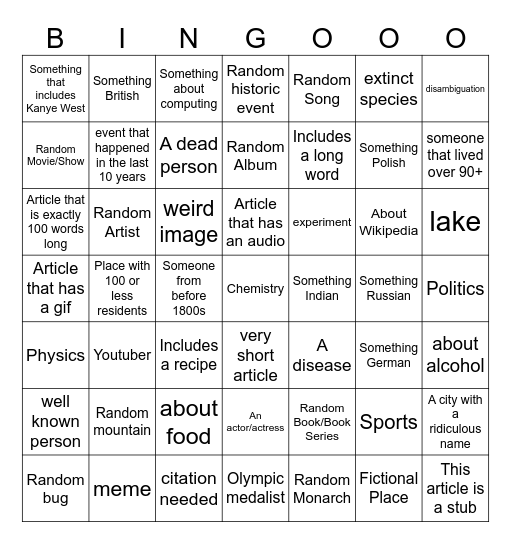 random article bingo Card