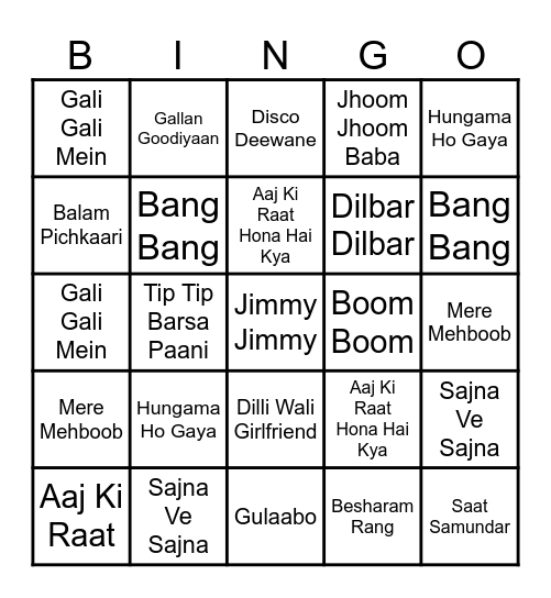 Bollywood Bingo Card