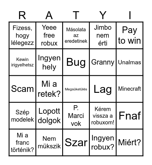 Roblox Ratyi Bingo Card
