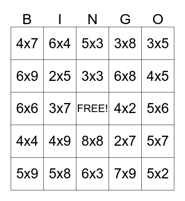 Multiplication Bingo Card