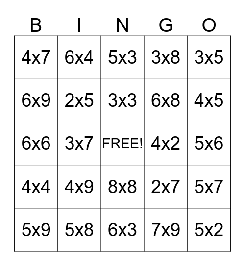 Multiplication Bingo Card