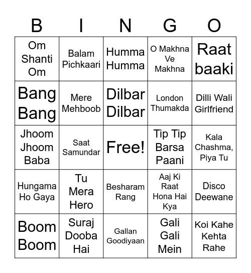 Bolly Dance Bingo Card