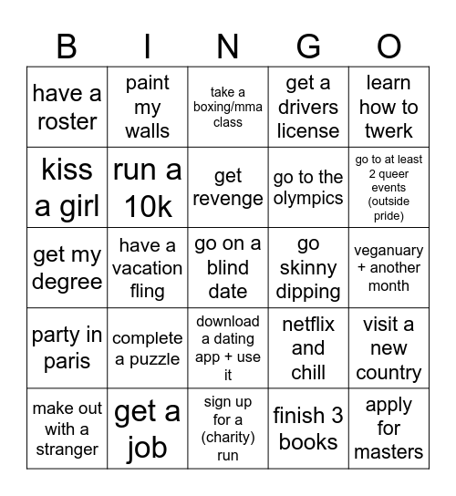 Alex' 2026 Unhinged Bucketlist Bingo Card