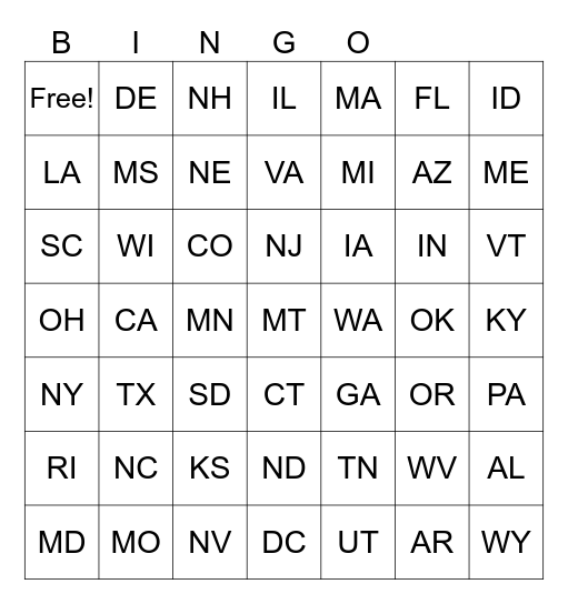 States Bingo Card