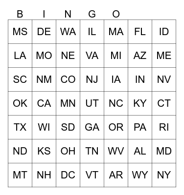 States Bingo Card