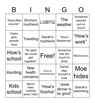 MADDIES DINNER Bingo Card