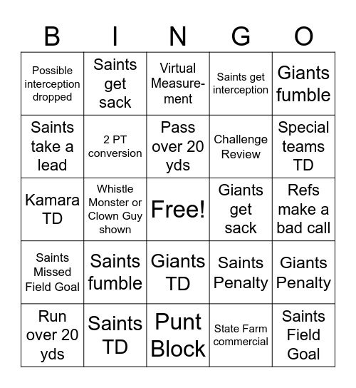 Saints Bingo Card