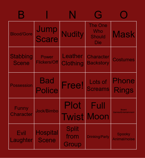 Slasher Movie Bingo Card