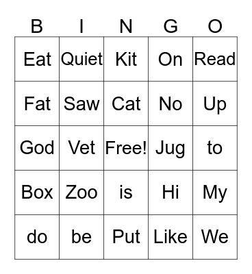 Sight Words Bingo Card