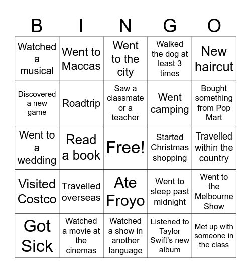 School Holiday Bingo Card