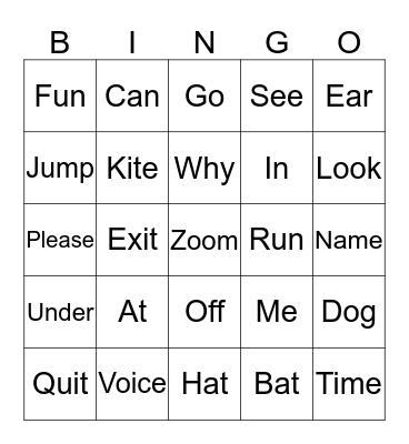 Sight Words Bingo Card