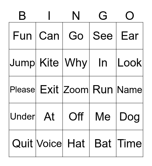 Sight Words Bingo Card