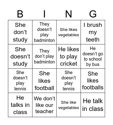 Present Simple Bingo Card